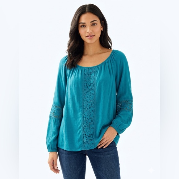 Lilly Pulitzer Tops - Lilly Pulitzer Teal Crochet-Trim Peasant Blouse